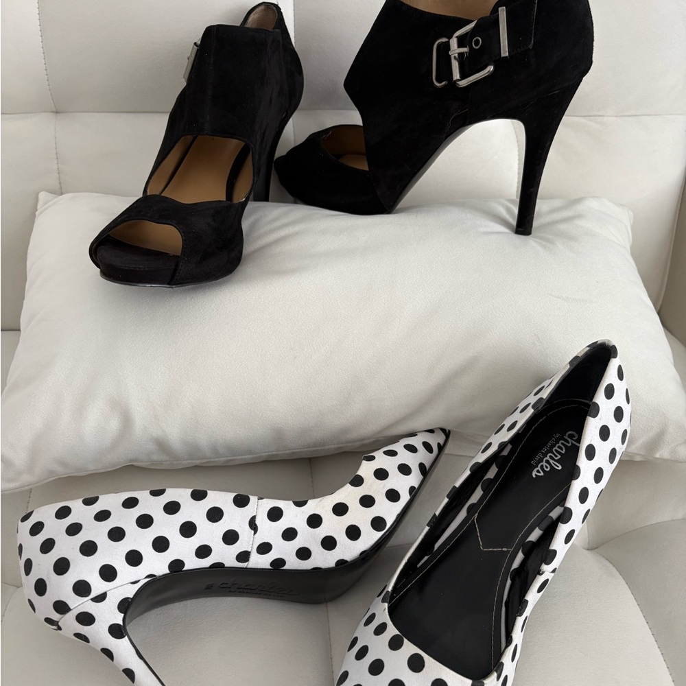 Charles David Black Polka Dot Heels. Nine West open toe with buckle.